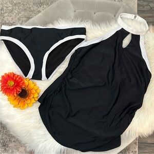 Halter Two Piece Swimwear Bathing Suit Set Black & White Sz LRG
